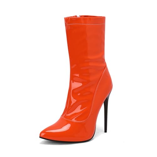 Damen Lackleder Kurzstiefel Spitze Zehen Stiefel Mit Mittlerer Wadenhöhe Mit Reißverschluss Hoher Pfennigabsatz Stiefeln,Orange,46 EU Damen Lackleder Kurzstiefel Spitze Zehen Stiefel Mit Mittlerer Wadenhöhe Mit Reißverschluss Hoher Pfennigabsatz Stiefeln,Orange,46 EU von Generic