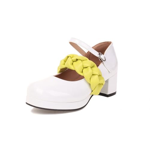 Damen Lackleder Mary Jane Schuhe Geschlossenes Runde Zehe Kleid Pumps Mit Schnalle Mittlerer Stämmiger Absatz Plateauschuhe,Gelb,46 EU von Generic