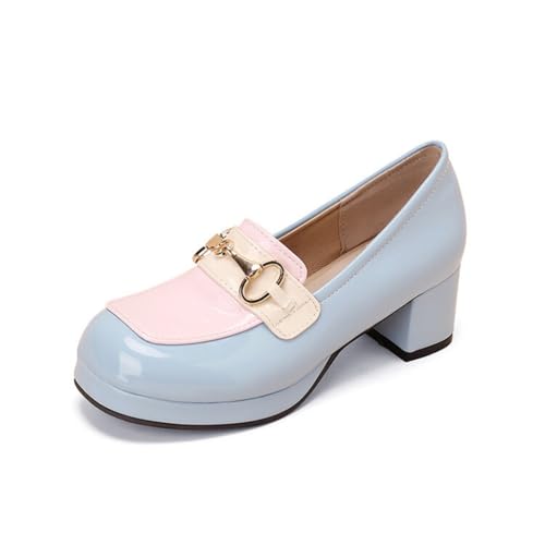 Damen Lackleder Plateau Loafer Geschlossene Runde Zehen Kleid Schuhe Mit Metallkette Slip - Auf Arbeitsschuhen,Blau,44 EU von Generic