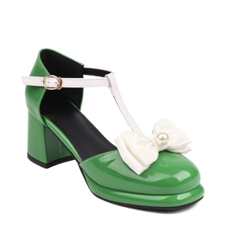 Damen Lackleder Plateau Pumps T-Riemen Mary Janes Mit Schnalle Runde Zehen Kleid Schuhe,Grün,35 EU von Generic