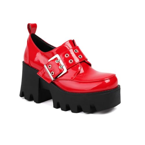 Damen Lackleder Plattform Pumps Mit Schnalle Geschlossene Runde Zehe Vintage Slipper Hoher Blockabsatz Punk Schuhe,Rot,41.5 EU von Generic