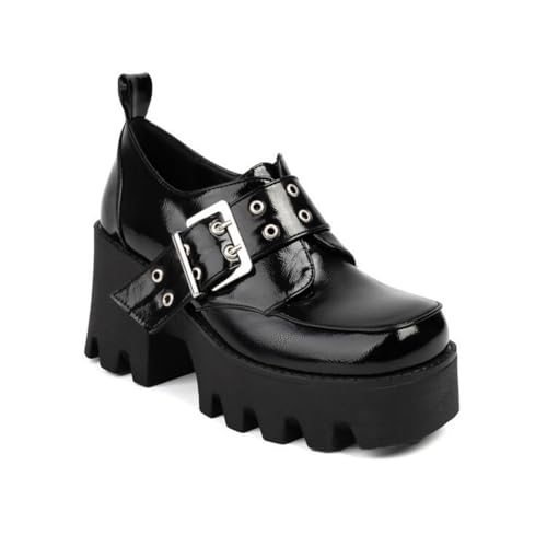 Damen Lackleder Plattform Pumps Mit Schnalle Geschlossene Runde Zehe Vintage Slipper Hoher Blockabsatz Punk Schuhe,Schwarz,38 EU von Generic