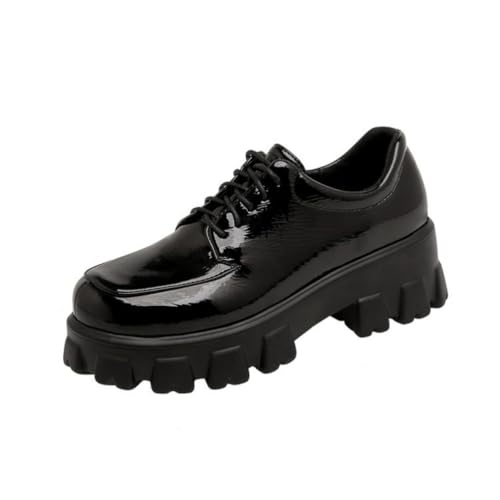 Damen Lackleder Weiche Loafer Hoher Stämmiger Ferse Uniform Kleid Schuhe Schnürung Plateau Büroschuhe,Schwarz,39 EU von Generic