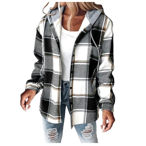 Damen Lässige Karierte Wolljacke mit Print Mantel Warme Winterjacke mit Taschen Umlegekragen Langarm Oberbekleidung Strickjacke mit Knöpfen von Generic