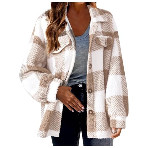 Damen Lässige Karierte Wolljacke mit Print Mantel Warme Winterjacke mit Taschen Umlegekragen Langarm Oberbekleidung Strickjacke mit Knöpfen von Generic
