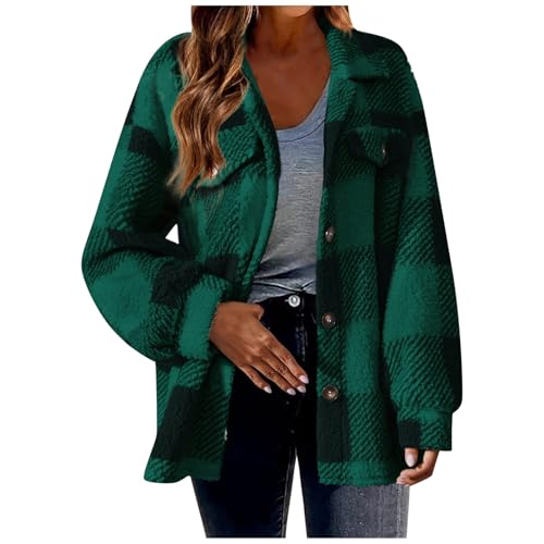 Damen Lässige Karierte Wolljacke mit Print Mantel Warme Winterjacke mit Taschen Umlegekragen Langarm Oberbekleidung Strickjacke mit Knöpfen von Generic