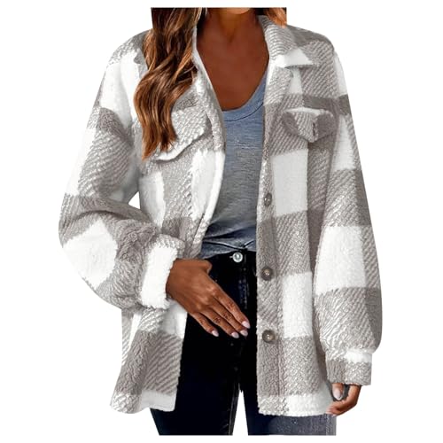 Damen Lässige Karierte Wolljacke mit Print Mantel Warme Winterjacke mit Taschen Umlegekragen Langarm Oberbekleidung Strickjacke mit Knöpfen von Generic