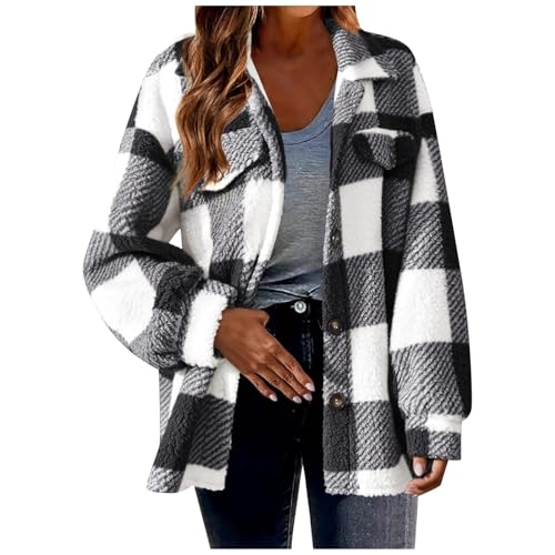 Damen Lässige Karierte Wolljacke mit Print Mantel Warme Winterjacke mit Taschen Umlegekragen Langarm Oberbekleidung Strickjacke mit Knöpfen von Generic