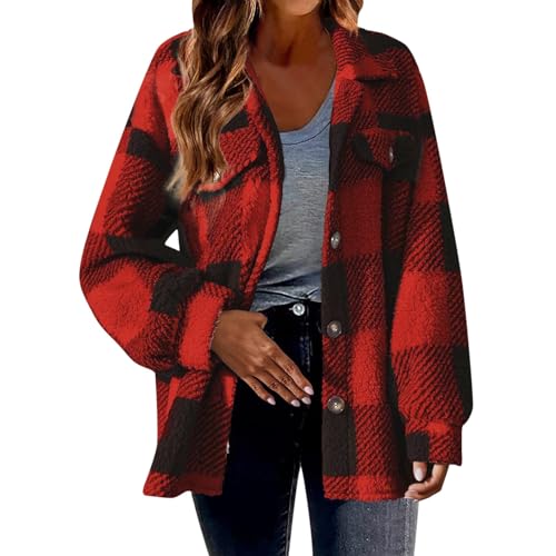 Damen Lässige Karierte Wolljacke mit Print Mantel Warme Winterjacke mit Taschen Umlegekragen Langarm Oberbekleidung Strickjacke mit Knöpfen von Generic