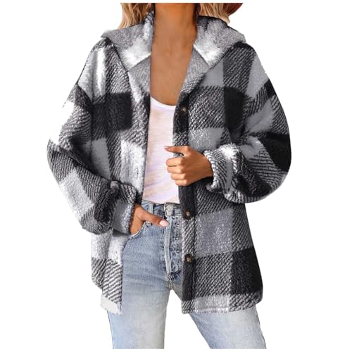 Damen Lässige Karierte Wolljacke mit Print Mantel Warme Winterjacke mit Taschen Umlegekragen Langarm Oberbekleidung Strickjacke mit Knöpfen von Generic