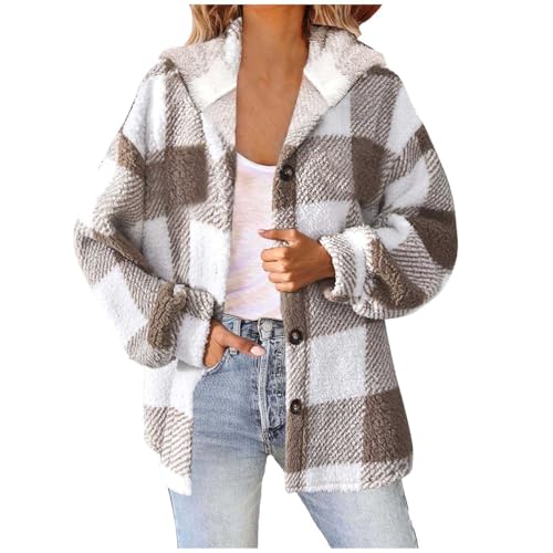 Damen Lässige Karierte Wolljacke mit Print Mantel Warme Winterjacke mit Taschen Umlegekragen Langarm Oberbekleidung Strickjacke mit Knöpfen von Generic