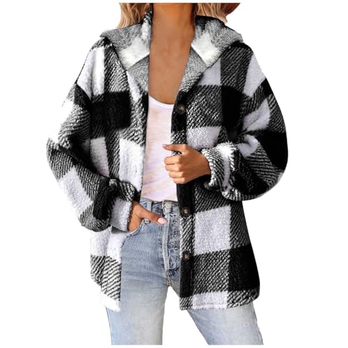 Damen Lässige Karierte Wolljacke mit Print Mantel Warme Winterjacke mit Taschen Umlegekragen Langarm Oberbekleidung Strickjacke mit Knöpfen von Generic