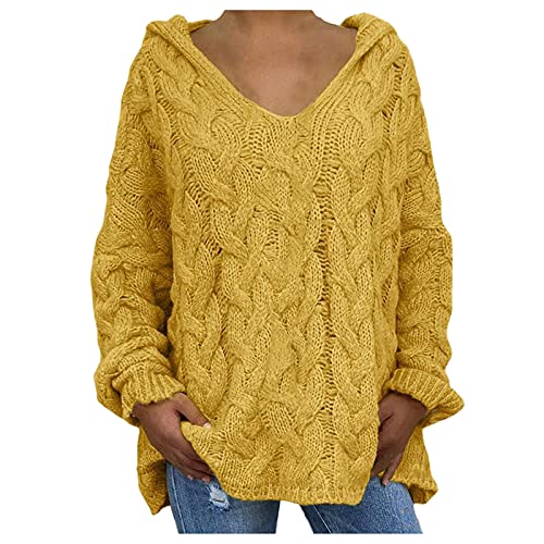 Damen Lässiger langärmeliger V-Ausschnitt Grobstrick Pullover Lose Übergröße Hoodie Damen Wollpullover, gelb, L von Generic