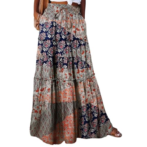 Damen Lang Boho Rock Elegant Hohe Taille A-Linie Elastischer Taillenrock Blumen Bedruckter Sommerrock Retro Modische Casual Maxi Beach Rock Mit Taschen Blau XXL von Generic