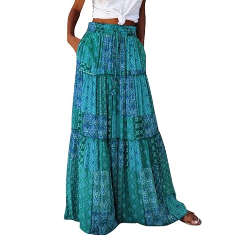 Damen Lang Boho Rock Elegant Hohe Taille A-Linie Elastischer Taillenrock Blumen Bedruckter Sommerrock Retro Modische Casual Maxi Beach Rock Mit Taschen Grün XL von Generic
