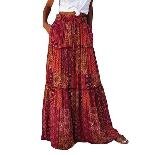 Damen Lang Boho Rock Elegant Hohe Taille A-Linie Elastischer Taillenrock Blumen Bedruckter Sommerrock Retro Modische Casual Maxi Beach Rock Mit Taschen Rot M von Generic