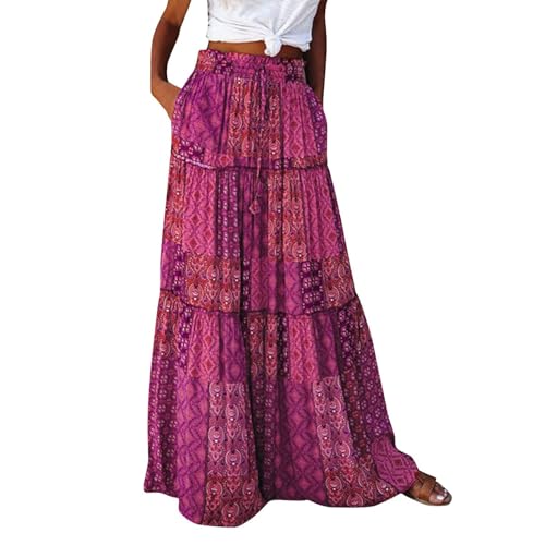Damen Lang Boho Rock Elegant Hohe Taille A-Linie Elastischer Taillenrock Blumen Bedruckter Sommerrock Retro Modische Casual Maxi Beach Rock Mit Taschen Violett S von Generic