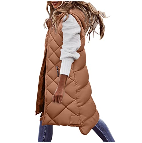 Damen Lang Daunenweste Damen Lang Wintermantel Vest mit Kapuze Weste Mantel Ärmellose Warmer Daunenmantel Taschen Steppweste Damen Daunenjacke Steppjacke Outdoor Lange Outwear Winterjacke, 4 Braun, L von Generic