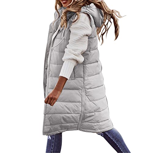 Damen Lang Daunenweste Damen Lang Wintermantel Vest mit Kapuze Weste Mantel Ärmellose Warmer Daunenmantel Taschen Steppweste Damen Daunenjacke Steppjacke Outdoor Lange Outwear Winterjacke von Generic