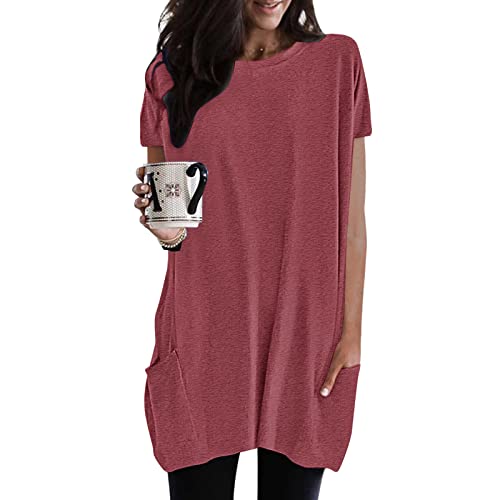 Damen Lang Shirt Rundhals Kurzarm Oberteil Einfarbig T-Shirt Tunika Loose Casual Kurzarmshirt mit Tasche Elegant Pullover Sweatshirt Lässig Tops Rundkragen Oversize Longshirt von Generic