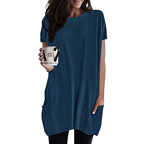 Damen Lang Shirt Rundhals Kurzarm Oberteil Einfarbig T-Shirt Tunika Loose Casual Kurzarmshirt mit Tasche Elegant Pullover Sweatshirt Lässig Tops Rundkragen Oversize Longshirt von Generic