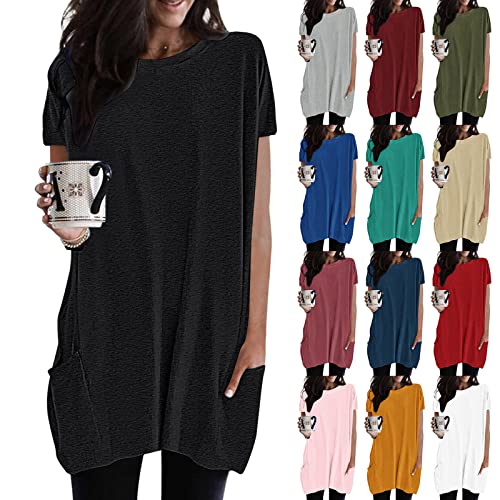 Damen Lang Shirt Rundhals Kurzarm Oberteil Einfarbig T-Shirt Tunika Loose Casual Kurzarmshirt mit Tasche Elegant Pullover Sweatshirt Lässig Tops Rundkragen Oversize Longshirt von Generic