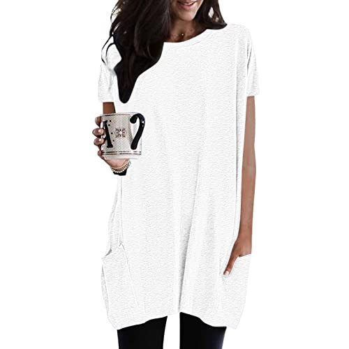 Damen Lang Shirt Rundhals Kurzarm Oberteil Einfarbig T-Shirt Tunika Loose Casual Kurzarmshirt mit Tasche Elegant Pullover Sweatshirt Lässig Tops Rundkragen Oversize Longshirt von Generic