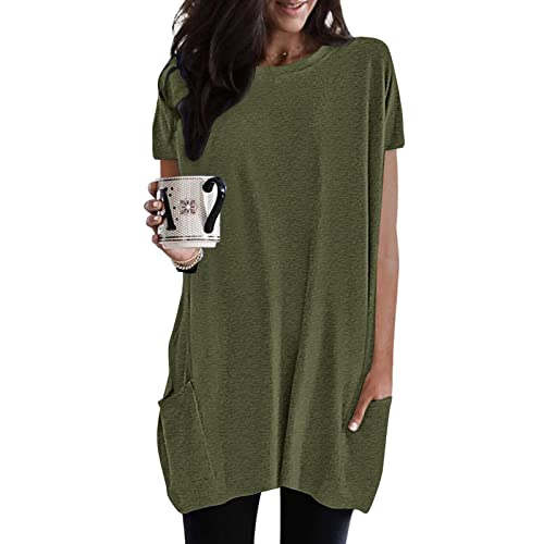 Damen Lang Shirt Rundhals Kurzarm Oberteil Einfarbig T-Shirt Tunika Loose Casual Kurzarmshirt mit Tasche Elegant Pullover Sweatshirt Lässig Tops Rundkragen Oversize Longshirt von Generic