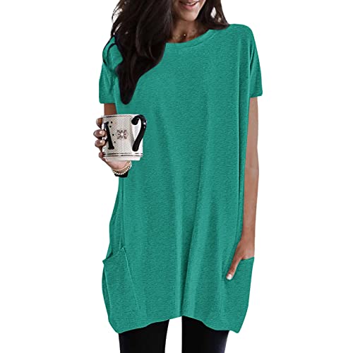 Damen Lang Shirt Rundhals Kurzarm Oberteil Einfarbig T-Shirt Tunika Loose Casual Kurzarmshirt mit Tasche Elegant Pullover Sweatshirt Lässig Tops Rundkragen Oversize Longshirt von Generic