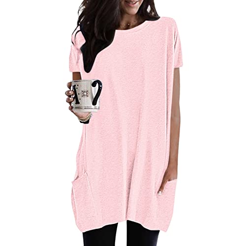 Damen Lang Shirt Rundhals Kurzarm Oberteil Einfarbig T-Shirt Tunika Loose Casual Kurzarmshirt mit Tasche Elegant Pullover Sweatshirt Lässig Tops Rundkragen Oversize Longshirt von Generic