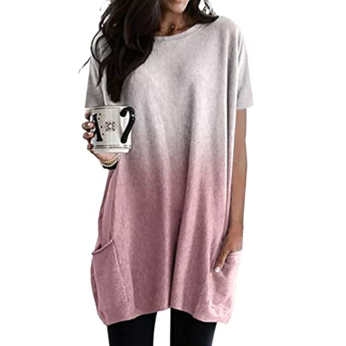 Damen Lang Shirt Rundhals Kurzarm Oberteil Einfarbig T-Shirt Tunika Loose Casual Kurzarmshirt mit Tasche Elegant Pullover Sweatshirt Lässig Tops Rundkragen Oversize Longshirt von Generic