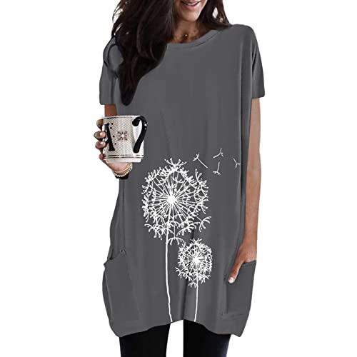 Damen Lang Shirt Rundhals Kurzarm Oberteil Einfarbig T-Shirt Tunika Loose Casual Kurzarmshirt mit Tasche Elegant Pullover Sweatshirt Lässig Tops Rundkragen Oversize Longshirt von Generic