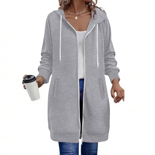 Damen Lang Sweatjacke mit Kapuze Hoodie Jacke Herbst Winter Kapuzenjacke Mantel Sweatshirts Hoodie Outwear Kapuzenpullover Strickjacke mit Reißverschluss Taschen von Generic