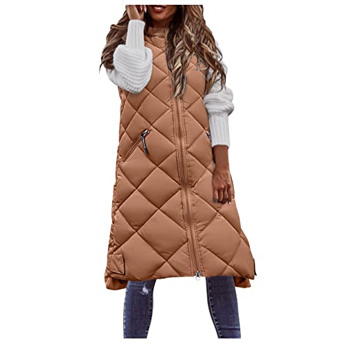 Damen Lang Weste Steppweste Warm Daunenweste Longweste Leichte mit Kapuze Ärmellose Jacke Großer Größe Outdoor Gesteppt Casual Damenweste Steppjacke Wintermantel Daunenmantel von Generic