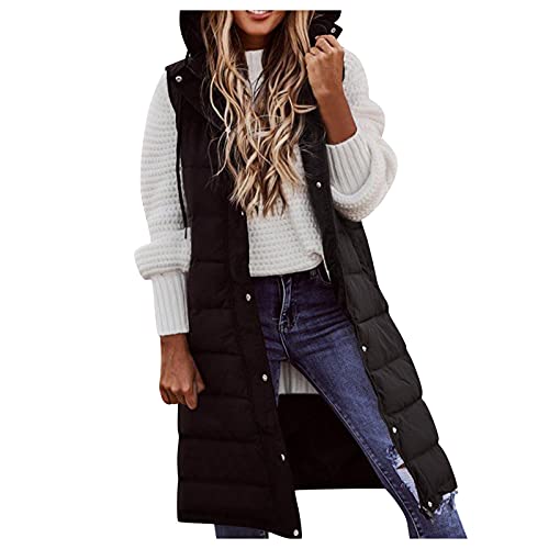 Damen Lang Weste Steppweste Warm Daunenweste Longweste Leichte mit Kapuze Ärmellose Jacke Großer Größe Outdoor Gesteppt Casual Damenweste Steppjacke Wintermantel Daunenmantel von Generic