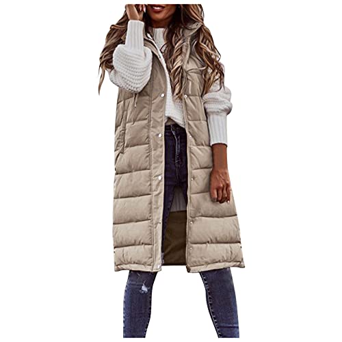 Damen Lang Weste Steppweste Warm Daunenweste Longweste Leichte mit Kapuze Ärmellose Jacke Großer Größe Outdoor Gesteppt Casual Damenweste Steppjacke Wintermantel Daunenmantel von Generic