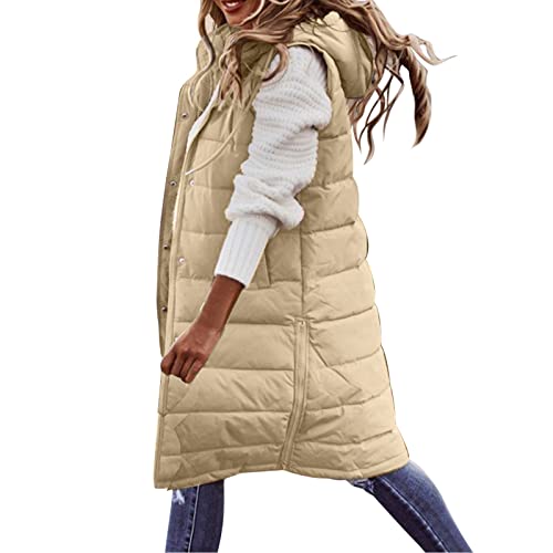 Damen Lang Weste Steppweste Winter Daunenweste Übergangsweste Warmer Daunenmantel Hooded Frauen Softshelljacke Mit Kapuze Leicht Ärmellos Jacke mit Reissverschluss Taschen Wintermantel Winterjacke von Generic