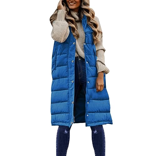 Damen Lang Weste Steppweste Winter Daunenweste Übergangsweste Warmer Daunenmantel Hooded Frauen Softshelljacke Mit Kapuze Leicht Ärmellos Jacke mit Reissverschluss Taschen Wintermantel Winterjacke von Generic