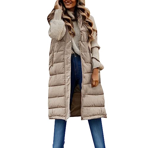 Damen Lang Weste Steppweste Winter Daunenweste Übergangsweste Warmer Daunenmantel Hooded Frauen Softshelljacke Mit Kapuze Leicht Ärmellos Jacke mit Reissverschluss Taschen Wintermantel Winterjacke von Generic