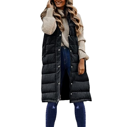 Damen Lang Weste Steppweste Winter Daunenweste Übergangsweste Warmer Daunenmantel Hooded Frauen Softshelljacke Mit Kapuze Leicht Ärmellos Jacke mit Reissverschluss Taschen Wintermantel Winterjacke von Generic