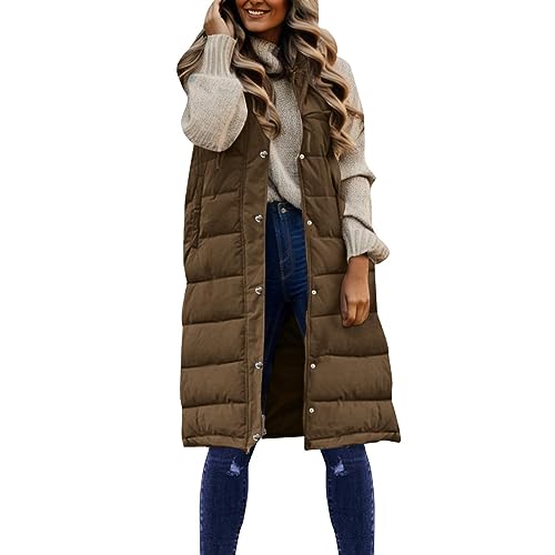 Damen Lang Weste Steppweste Winter Daunenweste Übergangsweste Warmer Daunenmantel Hooded Frauen Softshelljacke Mit Kapuze Leicht Ärmellos Jacke mit Reissverschluss Taschen Wintermantel Winterjacke von Generic
