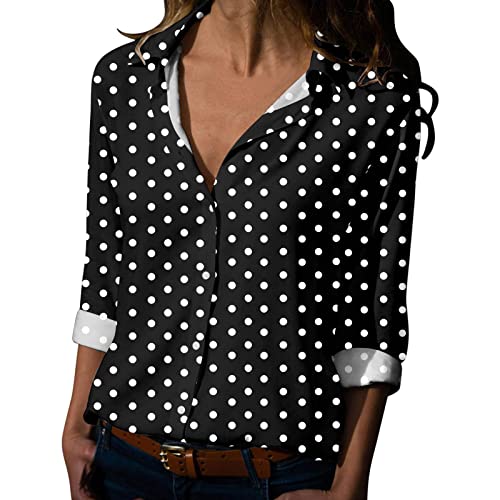 Damen Langarm Hemd V Ausschnitt Polka Dots Button Down Top Punkten Bluse Sommer Elegant Bluse Langarm von Generic