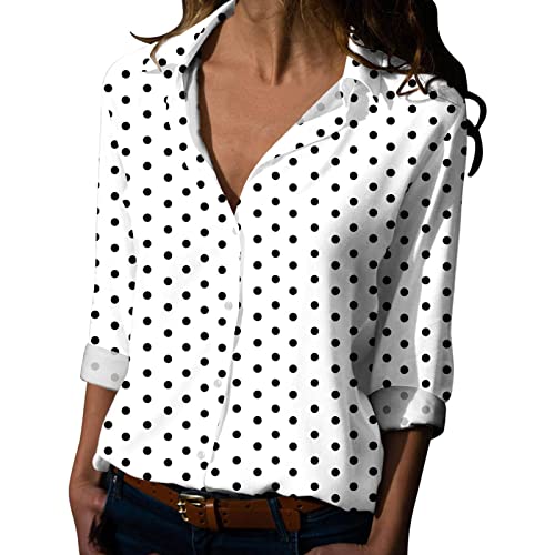 Damen Langarm Hemd V Ausschnitt Polka Dots Button Down Top Punkten Bluse Sommer Elegant Bluse Langarm von Generic