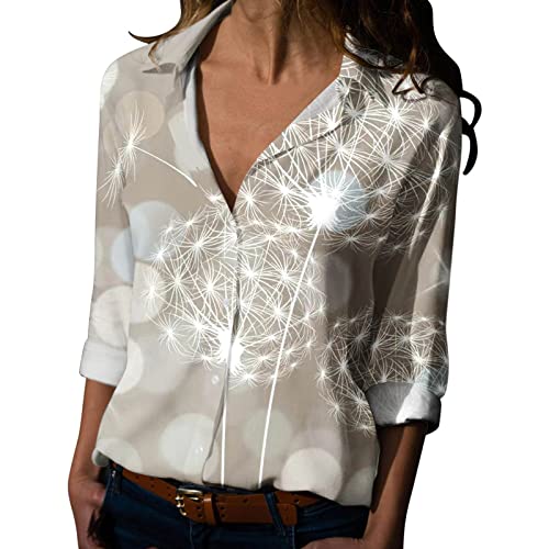 Damen Langarm Hemd V Ausschnitt Polka Dots Button Down Top Punkten Bluse Sommer Elegant Bluse Langarm von Generic