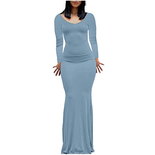 Damen Langarm Maxikleid Figurbetont Sexy Bodycon Partykleid Eng Elegant Freizeitkleid Weiche Lounge Lang Slip Kleid von Generic