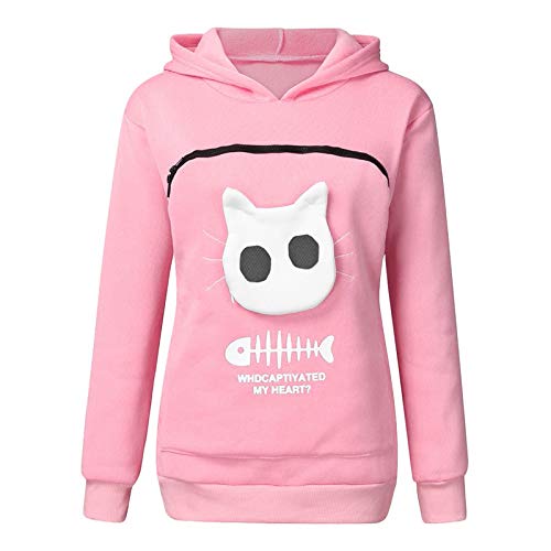 Damen Langarm Pullover Kapuzenpullover mit Katzen Hund große Tasche, Katzentasche Pullover mit Reißverschluss, Hunde Katze Tasche Sweatshirt Pulli Hoodie, Frauen Warme Langarmshirt (Pink, L) von Generic