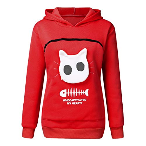 Damen Langarm Pullover Kapuzenpullover mit Katzen Hund große Tasche, Katzentasche Pullover mit Reißverschluss, Hunde Katze Tasche Sweatshirt Pulli Hoodie, Frauen Warme Langarmshirt (Red, M) von Generic