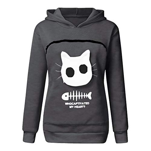 Damen Langarm Pullover Kapuzenpullover mit Katzen Hund große Tasche, Katzentasche Pullover mit Reißverschluss, Hunde Katze Tasche Sweatshirt Pulli Hoodie, Frauen Warme Langarmshirt Katzenpulli von Generic