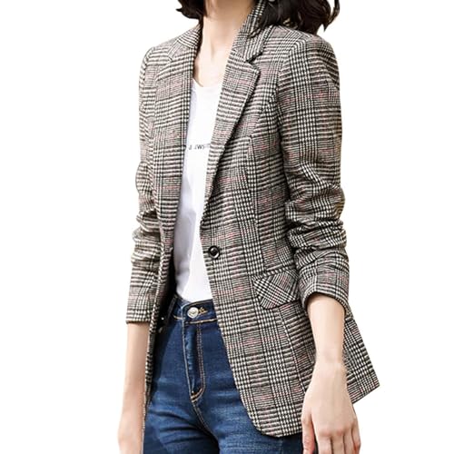 Damen Langarm Revers Hahnentritt Karriert Blazer Jacke Elegant Blazer Stehkragen Wärmen Long Sakko Mantel Business Tweed Anzug Jacke von Generic