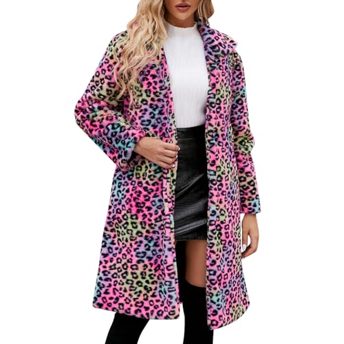 Damen Langarm Strickjacke Dicker Leopardenmuster Langarm Lang Strickjacke Kimono Cardigan Loose Winter Lang Leicht Cardigan Casual Strickmantel Plüschjacke Fleecejacke Winterjacke mit (Hot Pink, XXL) von Generic